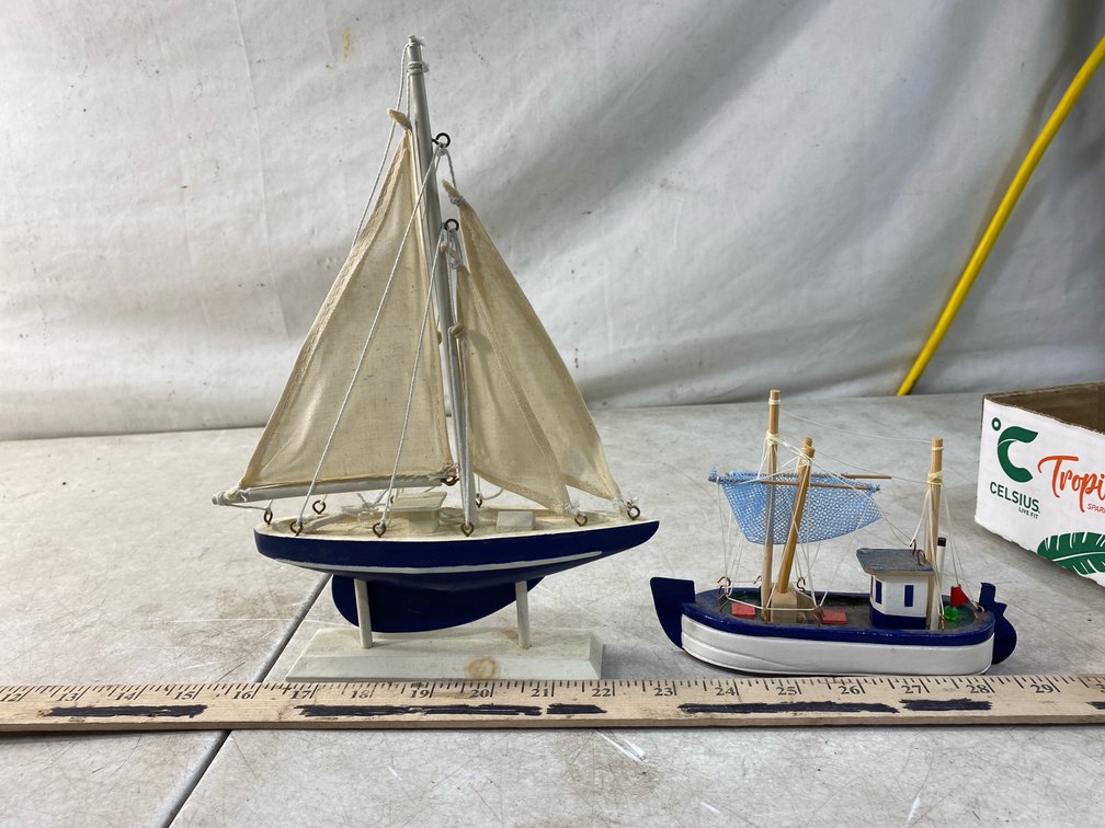 Wooden Model Sailboat and Model Fishing Boat