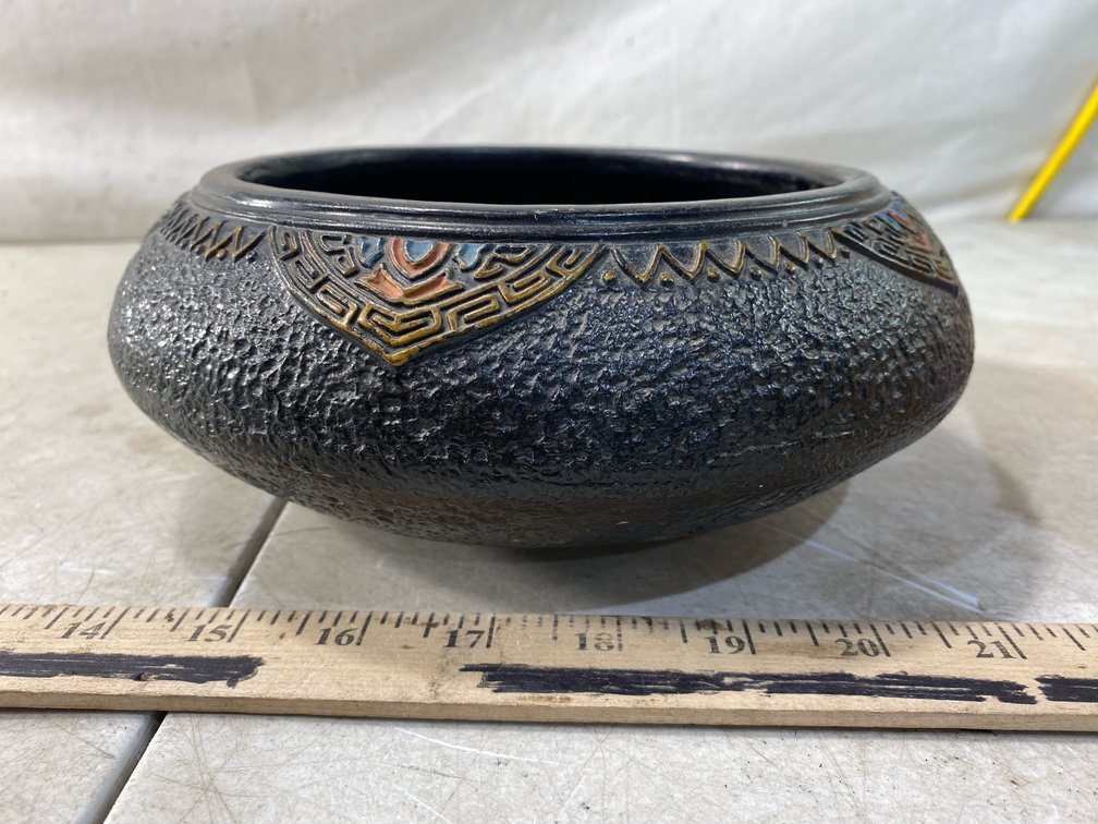 Japanese Textured Low Vessel with Geometric Rim