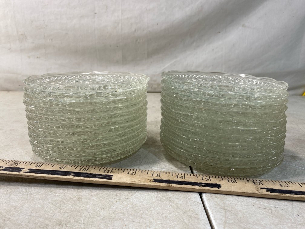 Clear Pressed Glass Plates with Diamond and Starburst Pattern