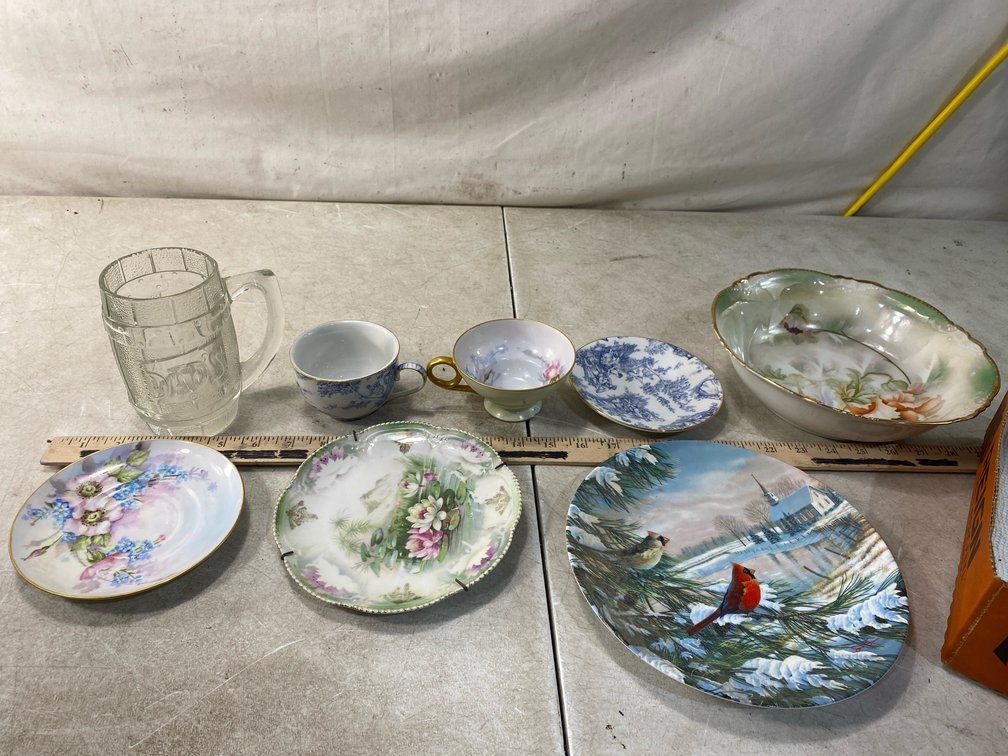 Porcelain Plates, Teacups, and Pressed Glass Mug