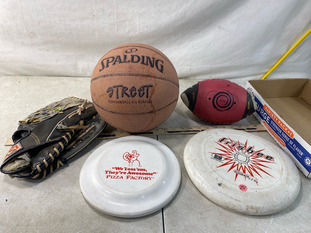 Basketball, Baseball Glove, Foam Football, and Flying Discs