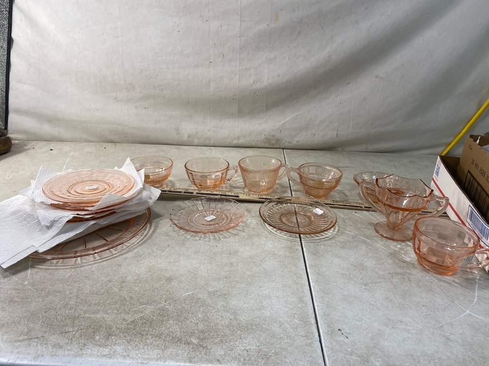 Pink Depression Glass Plates, Saucers, and Tableware