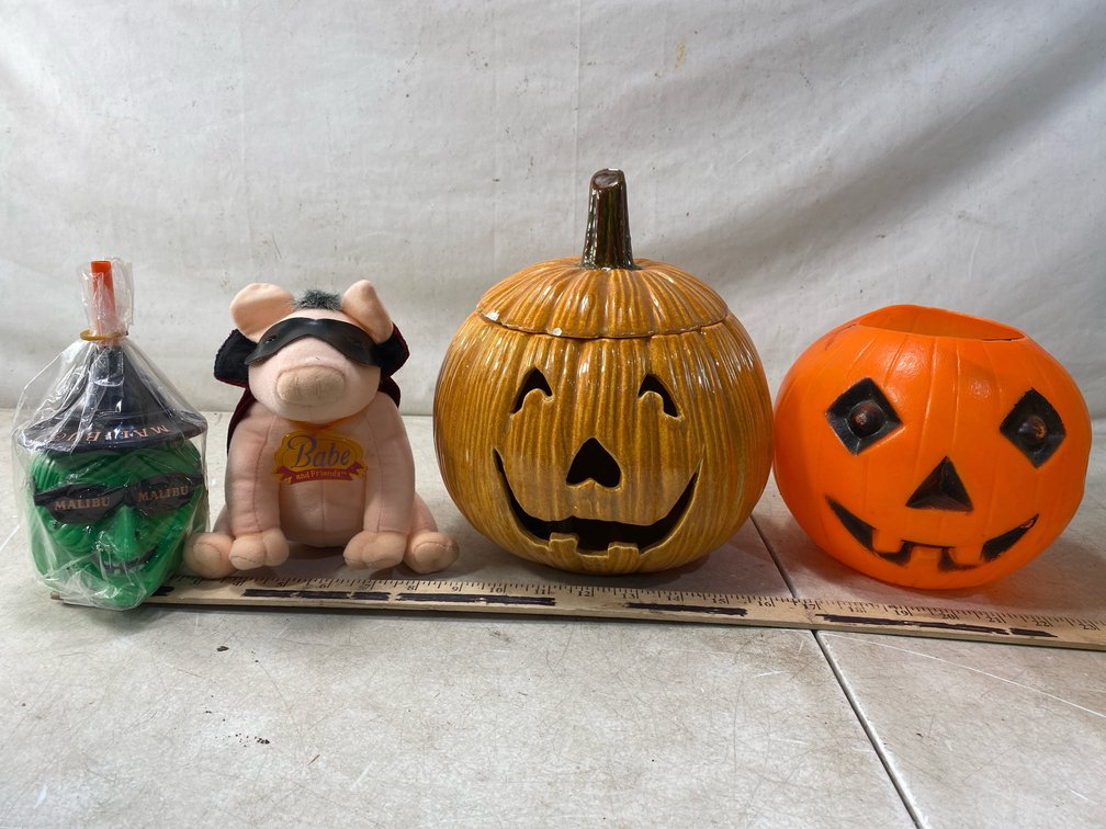 Novelty Witch Cup, Costumed Plush Pig, and Jack-o'-Lanterns