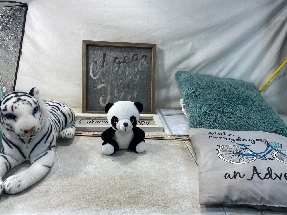 Plush Animals, Framed Wall Signs, and Throw Pillows