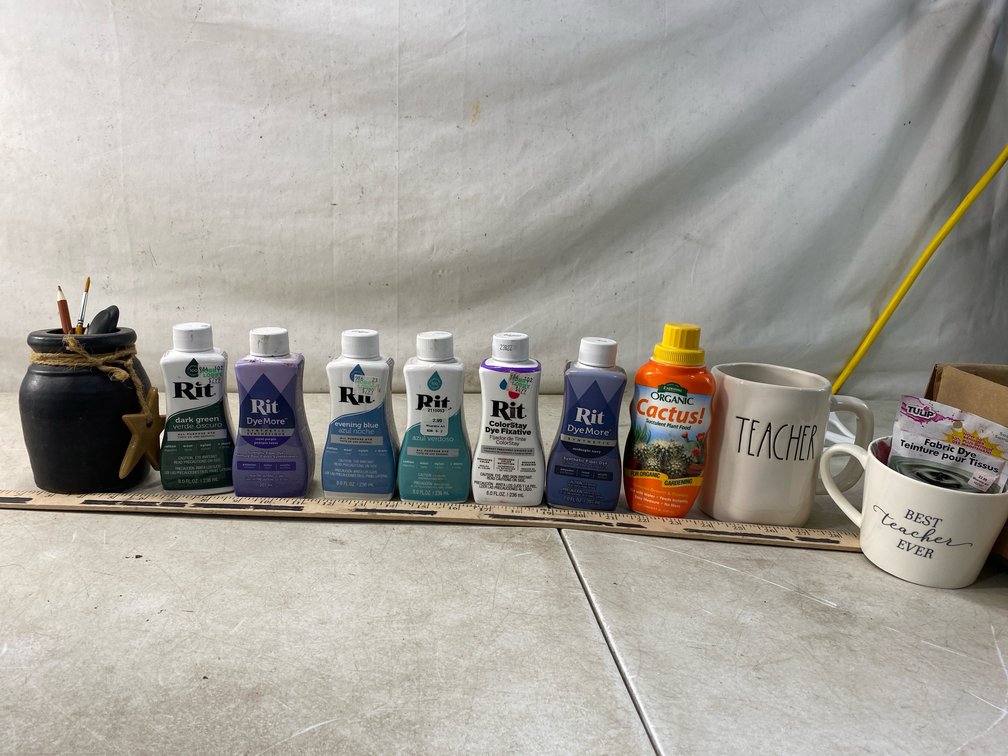 Fabric Dyes, Plant Food, Ceramic Mugs, and Desk Jar