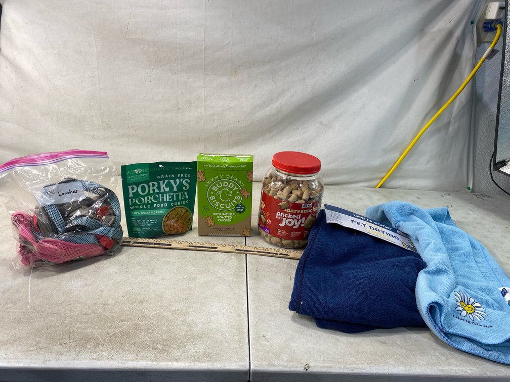 Dog Treats, Pet Drying Towels, and Leashes