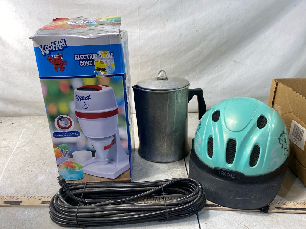 Electric Snow Cone Maker, Riding Helmet, Percolator, and Cable