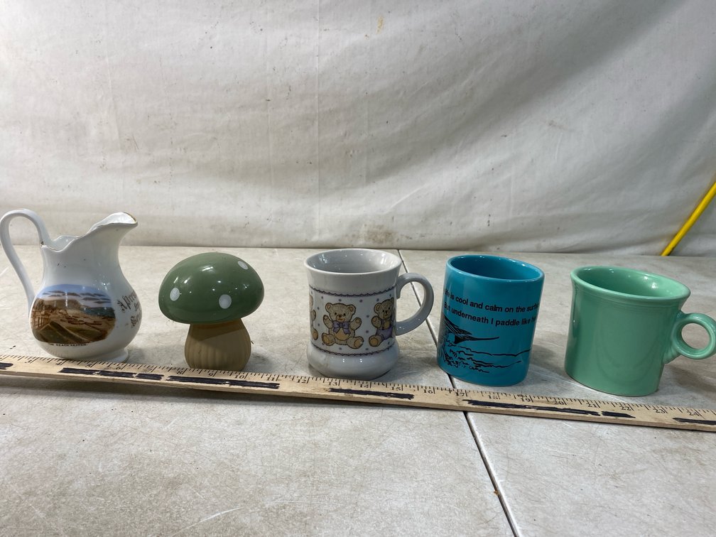 Miniature Ceramic Pitcher, Mugs, and Mushroom Figurine
