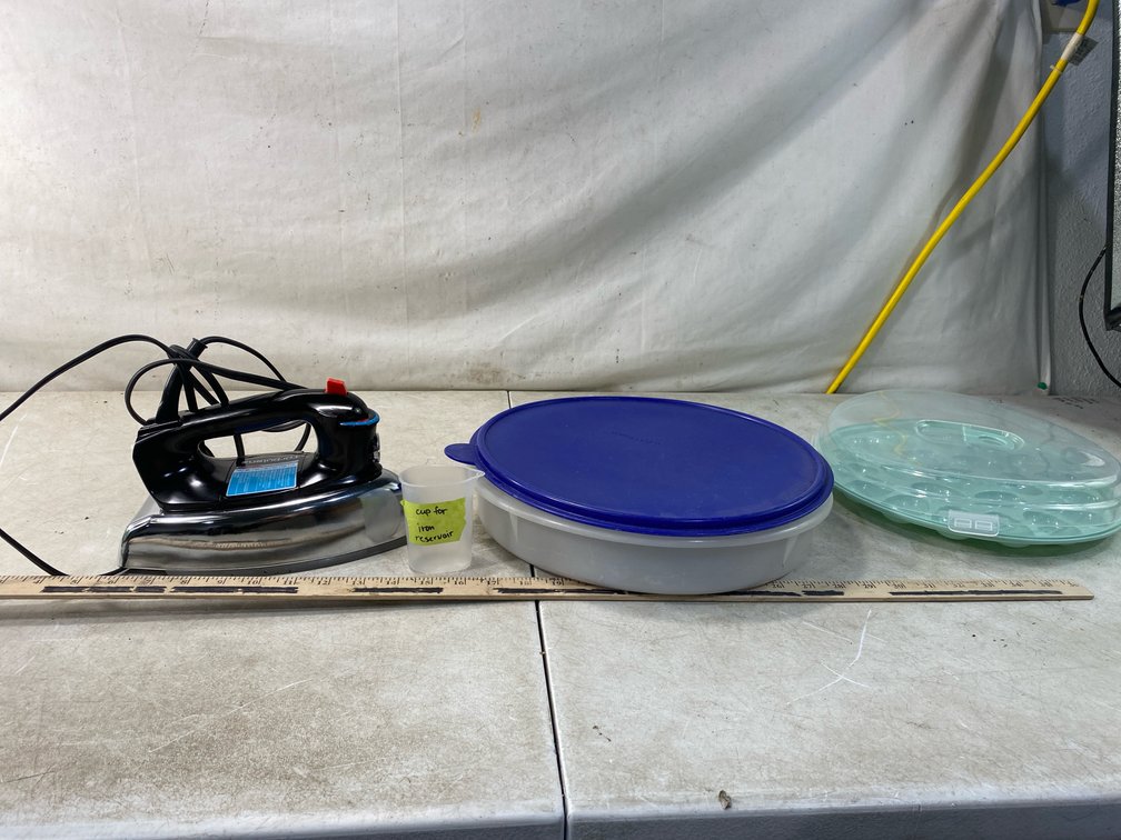 Electric Steam Iron, Deviled Egg Tray, and Plastic Containers