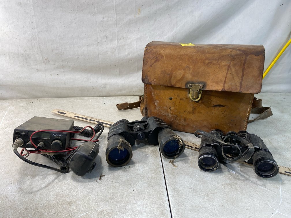 CB Radio, Two Pairs of Binoculars, and Leather Satchel
