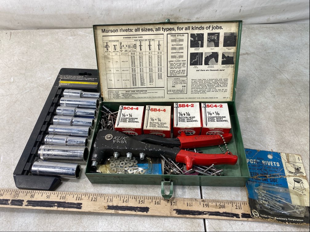 Rivet Tool Kit, 1/2 In Drive Metric Sockets, and Rivets