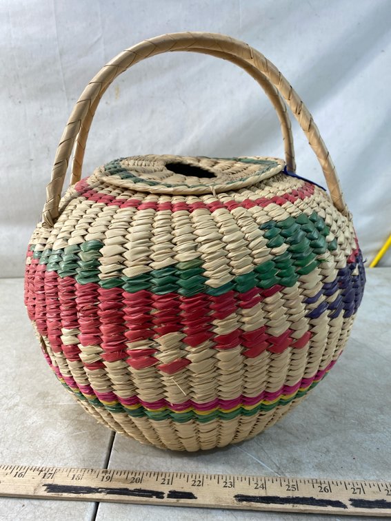 Multicolor Woven Coiled Basket with Lid and Handle