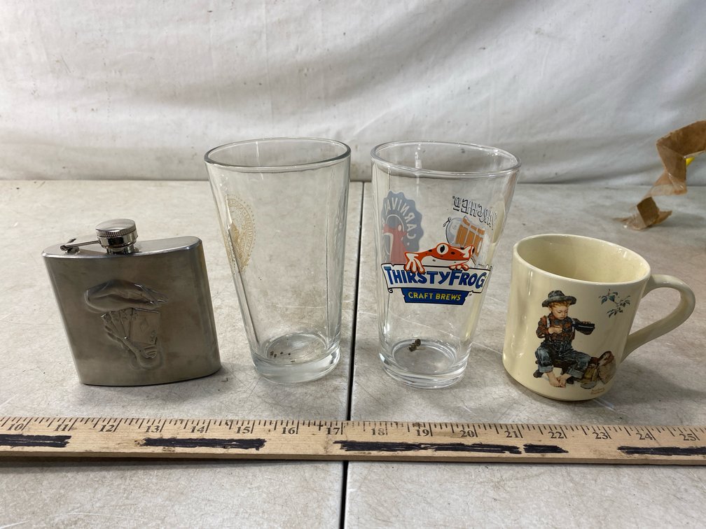 Metal Hip Flask, Pint Glasses, and Norman Rockwell Ceramic Mug