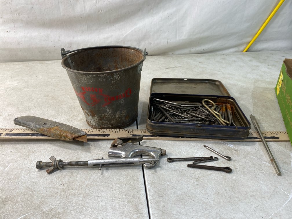 Metal Pail, Tin with Cotter Pins, and Hand Tools