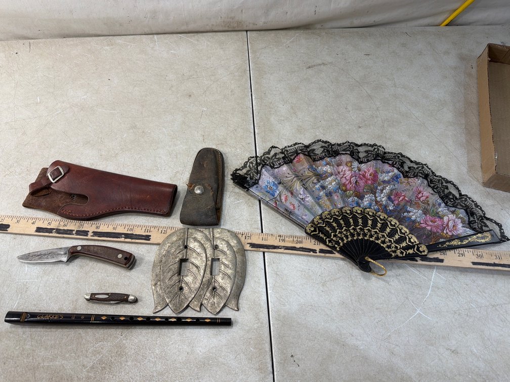 Knives, Leather Holster, Tin Whistle, Hand Fan, and More