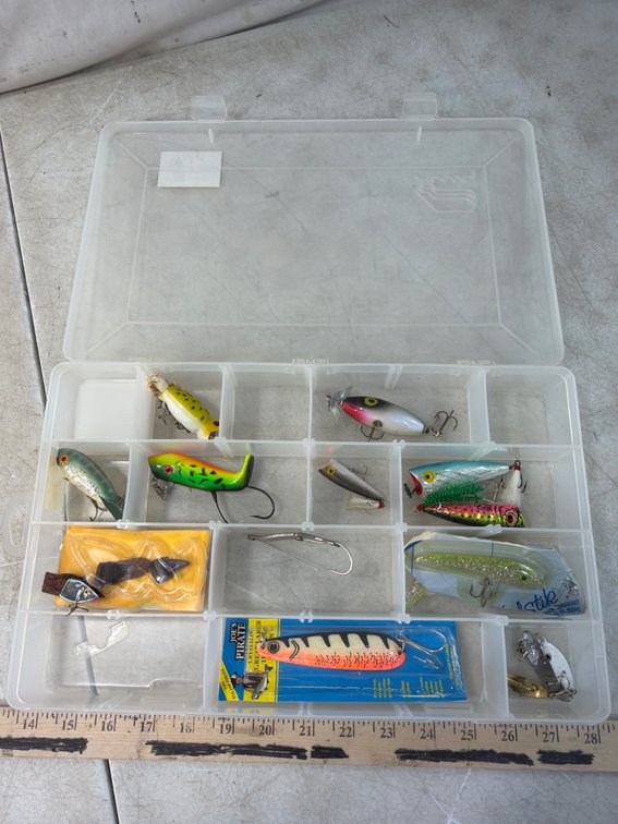 Plastic Tackle Box with Plugs, Crankbaits, Spoons, and More