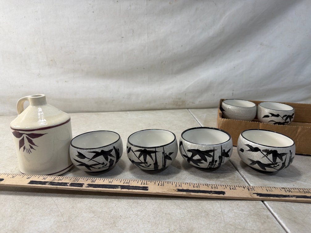 Ceramic Handled Jug and Six Bamboo-Motif Cups