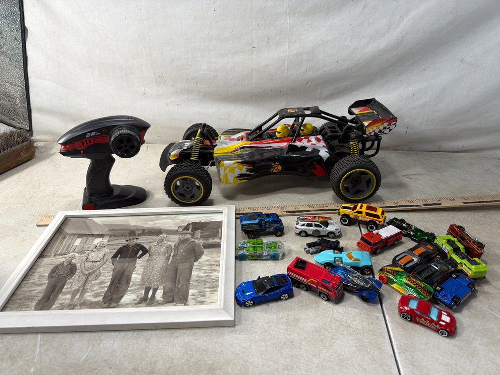 RC Buggy with Remote, Die-Cast Cars, and Framed Photograph