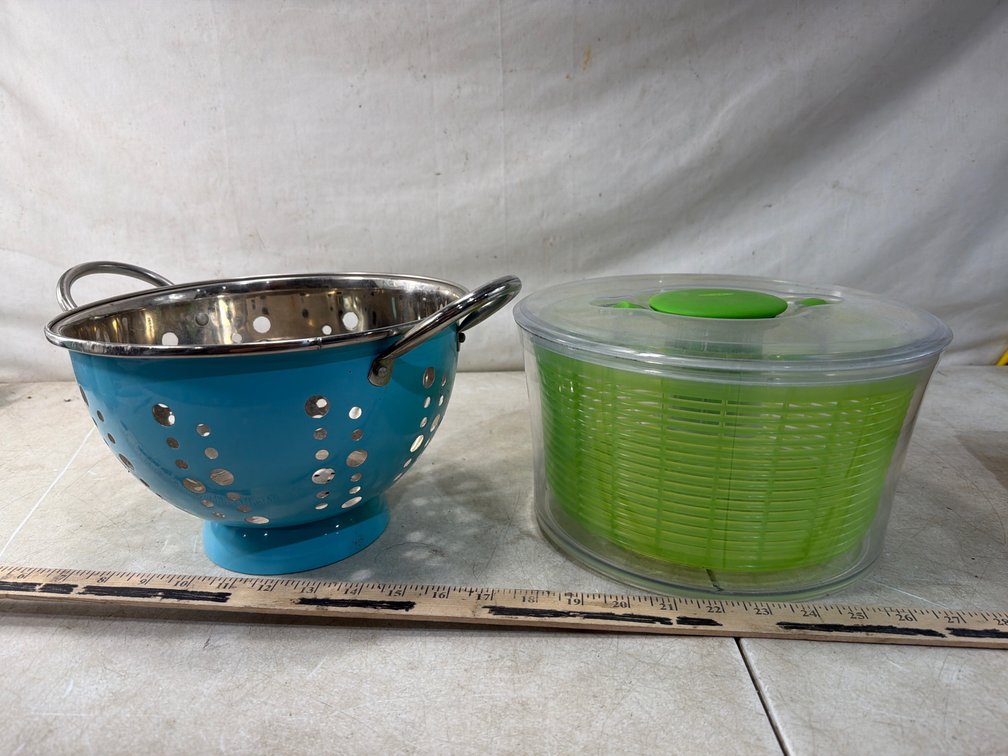 Turquoise Metal Colander and Salad Spinner