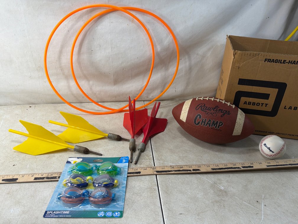 Lawn Darts, Football, Baseball, and Swim Goggles