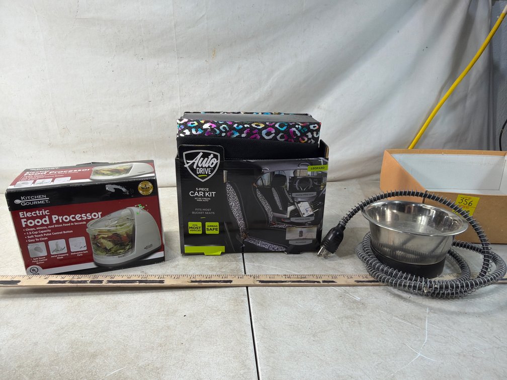 Electric Food Processor, 5-Piece Car Kit, and Heated Pet Bowl