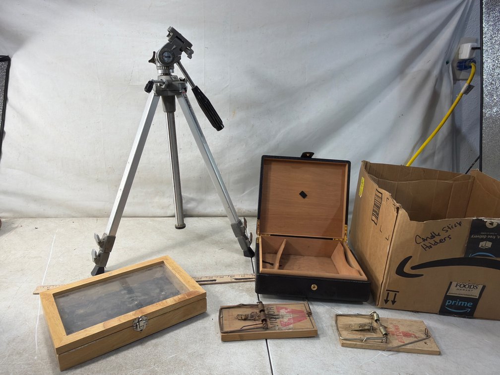 Camera Tripod, Wood Display Case, Humidor, and Rodent Traps