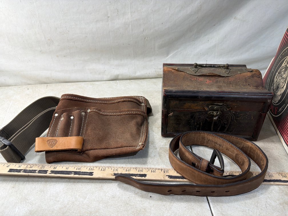 Leather Tool Pouch, Leather Belt, and Decorative Wooden Box