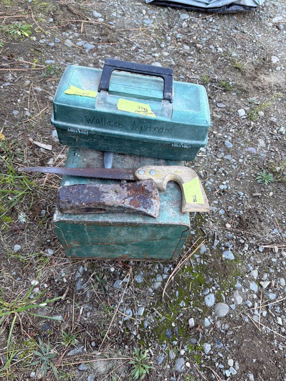 Plastic Tackle Box, Metal Box, Hand Saw, and Axe Head