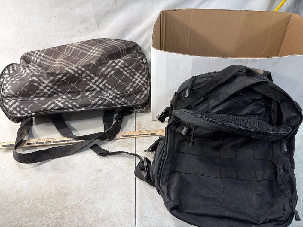 Tactical Backpack and Plaid Rolling Duffel Bag