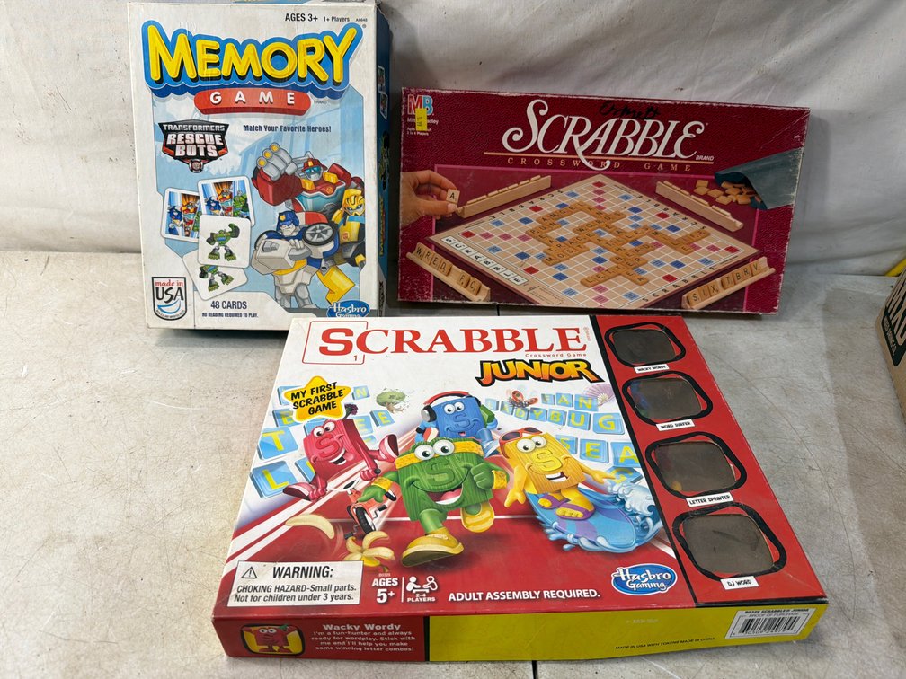 Scrabble, Scrabble Junior, and Transformers Memory Games