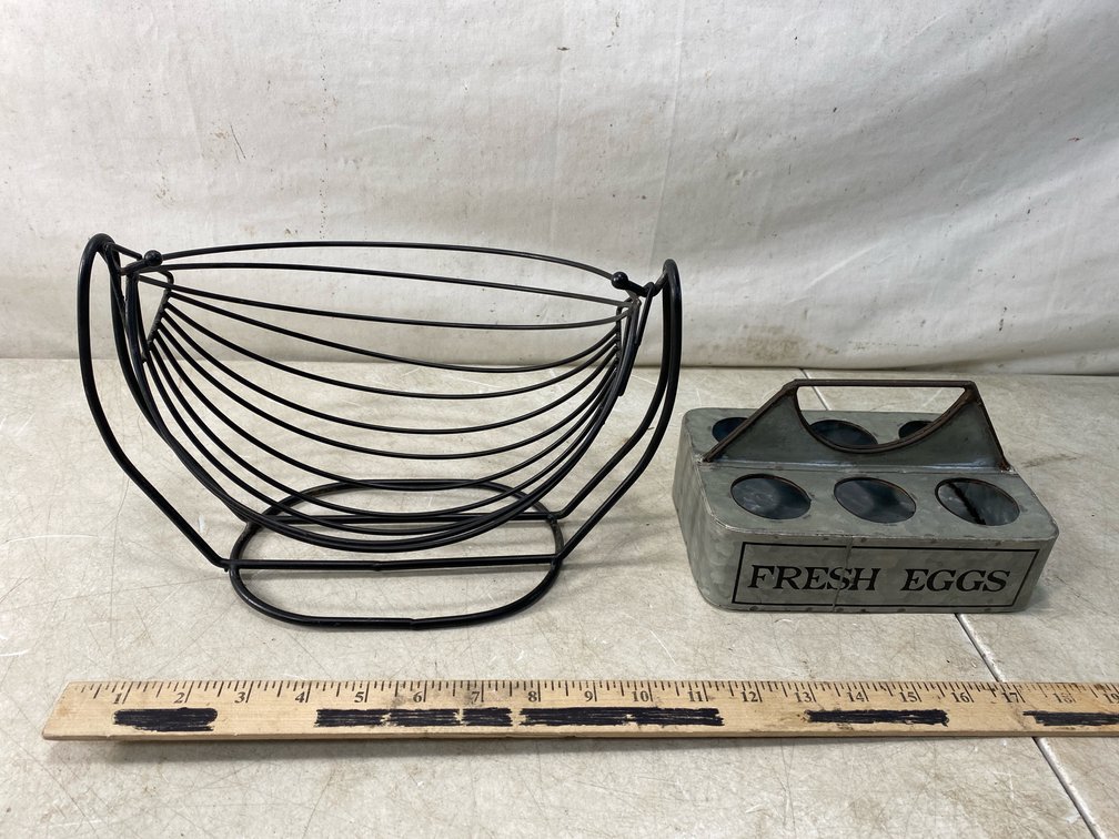 Wire Hammock Basket and Galvanized Metal Egg Caddy