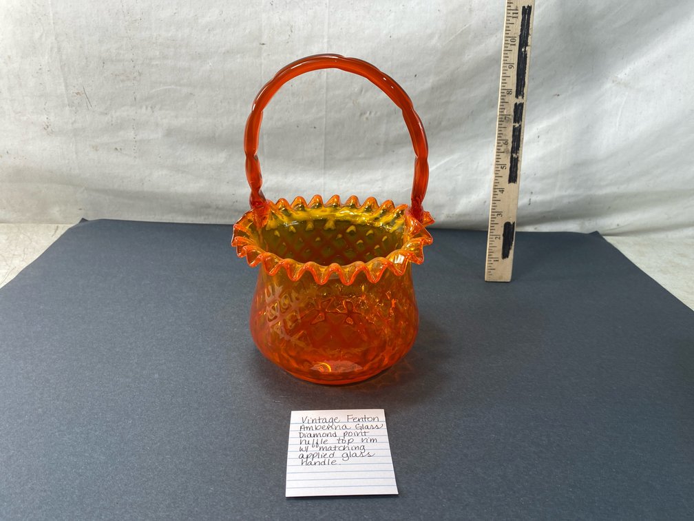 Amberina Glass Diamond Point Ruffled Basket