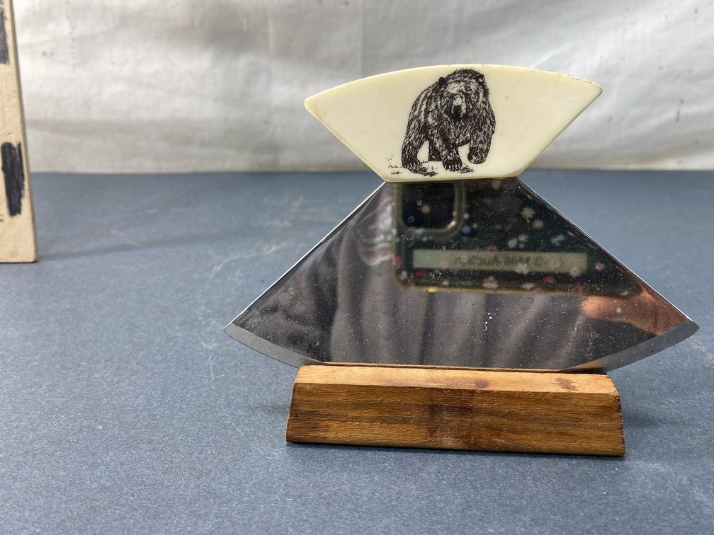 Ulu Knife with Bear Motif and Wooden Stand