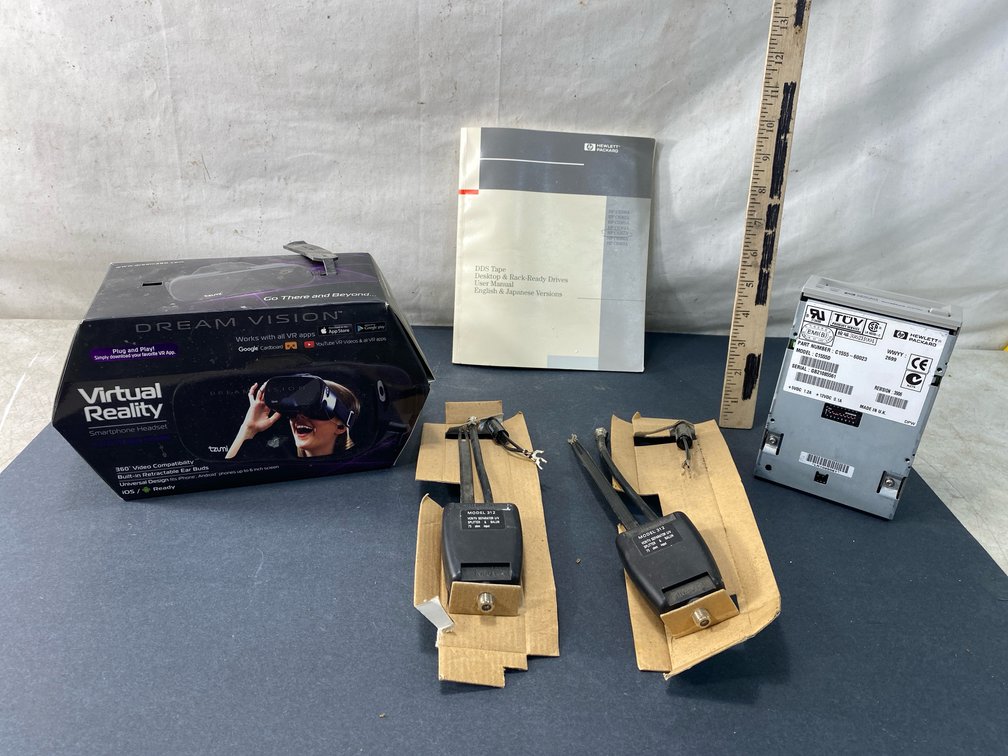 Tzumi VR Headset, HP DDS Tape Drive, and TV/VCR Separator
