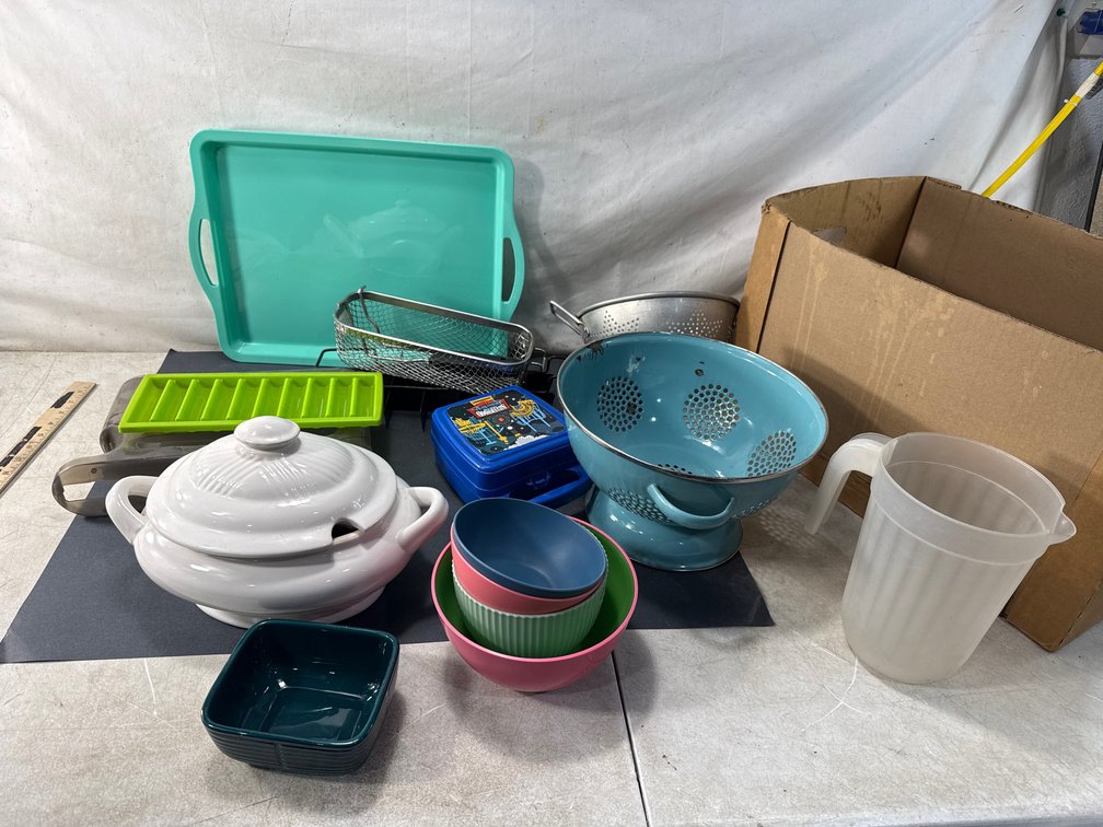 Kitchenware Group with Ceramic Tureen, Colanders, and Serving Pieces
