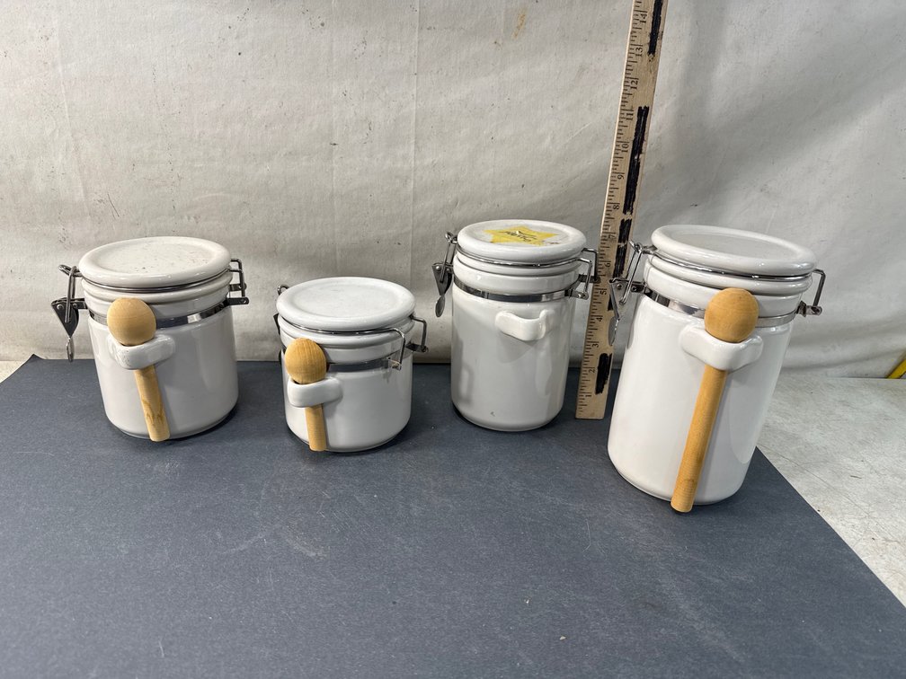 White Ceramic Clamp-Lid Canister with Wooden Scoop
