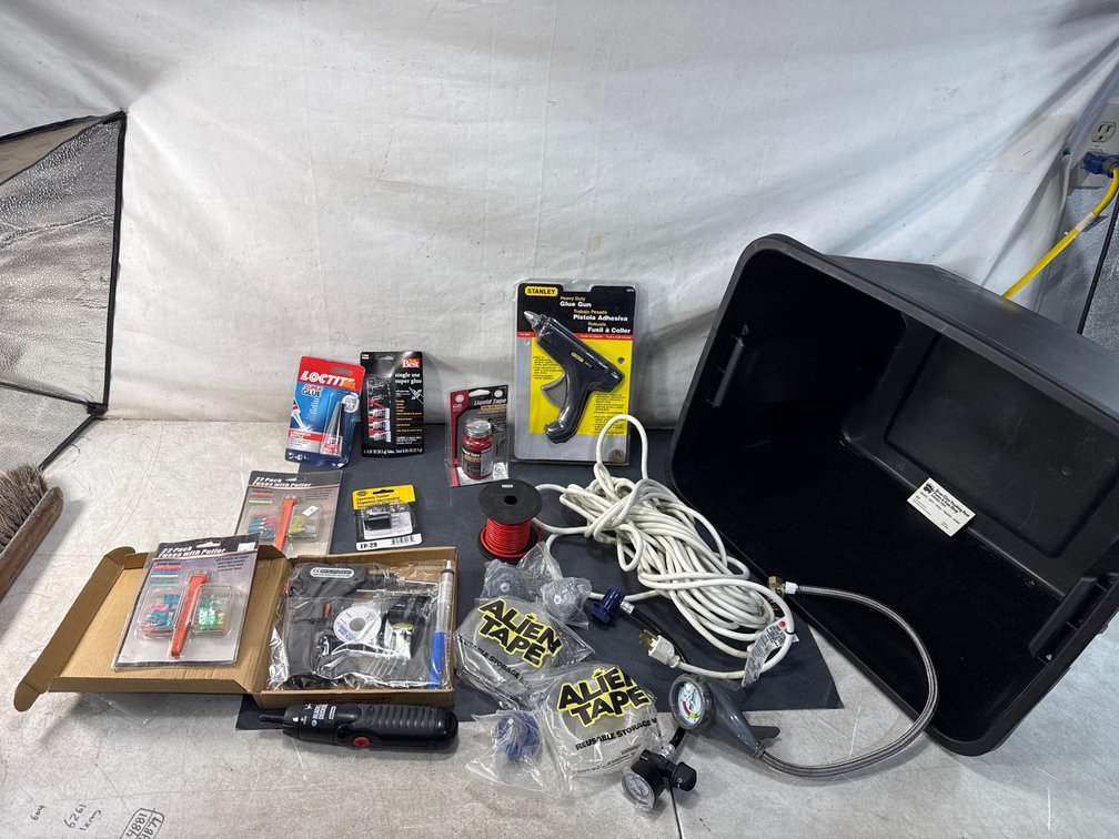 Workshop Tools, Adhesives, and Hardware with Storage Tote