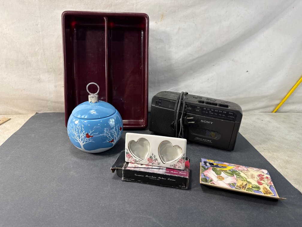 Clock Radio, Porcelain Picture Frame, Ceramic Dish, and Tray