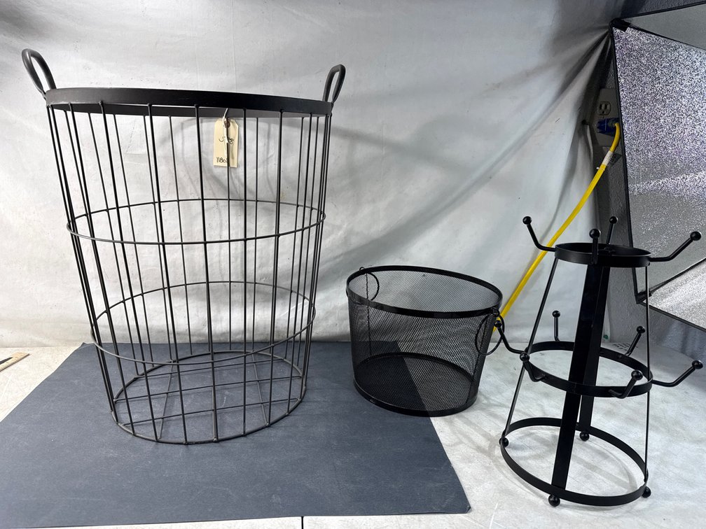 Black Metal Wire Basket, Mesh Bin, and Mug Rack Stand