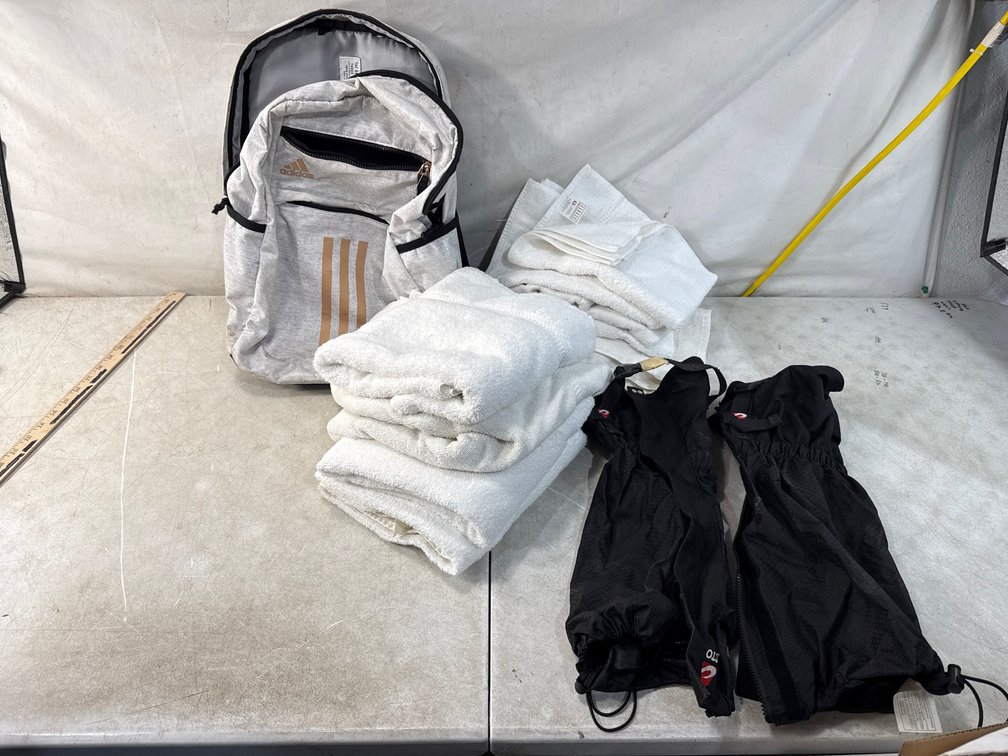 Backpack, Gaiters, and Towels