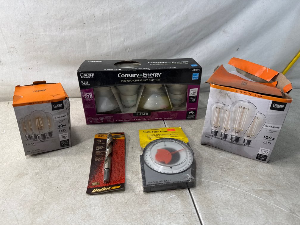 Light Bulb, Drill Bit, and Magnetic Angle Finder