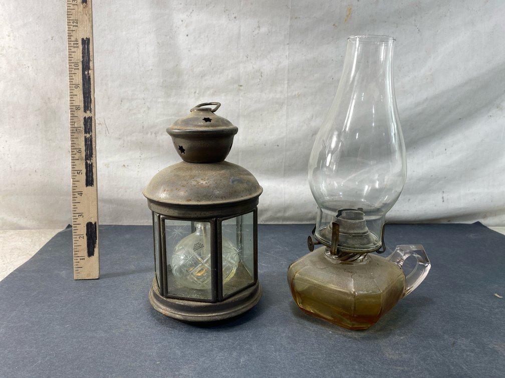 Metal Lantern and Glass Oil Lamp
