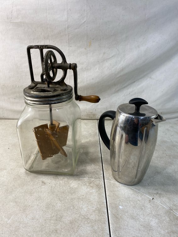 Glass Butter Churn and Stainless Coffee Pot