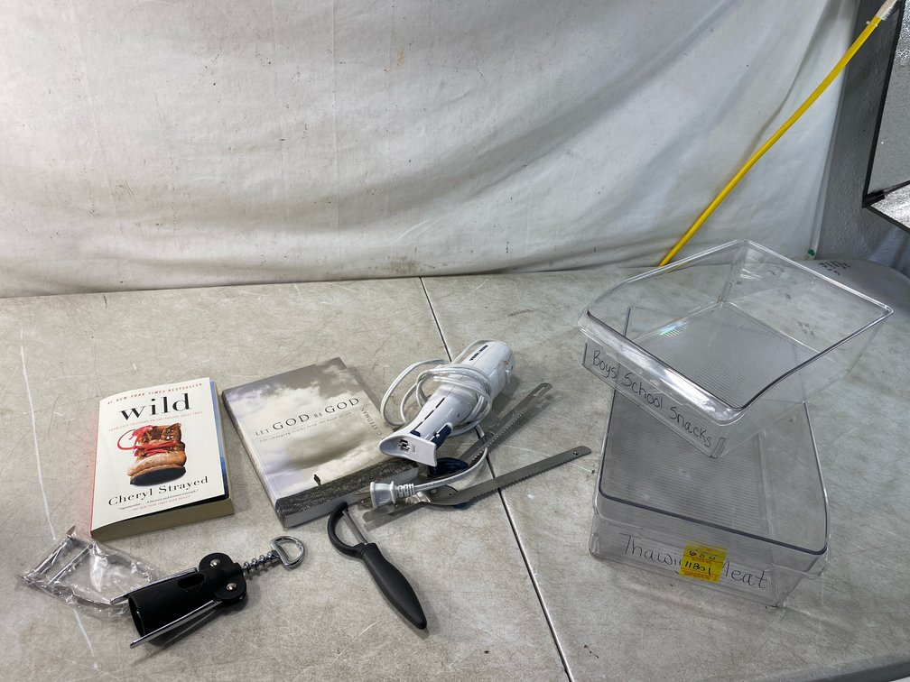 Electric Knife, Kitchen Tools, Storage Bins, and Books