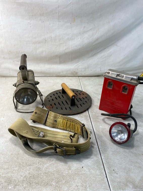 Lantern, Miner's Lamp, Grill Press, and Canvas Belt