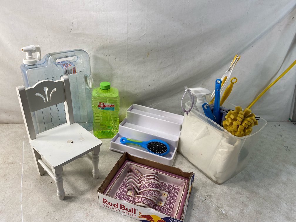 Household Item, Ceramic Dish, Miniature Wooden Chair, and Organizer