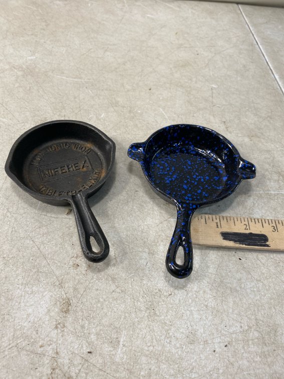 Miniature Cast Iron and Speckled Skillets