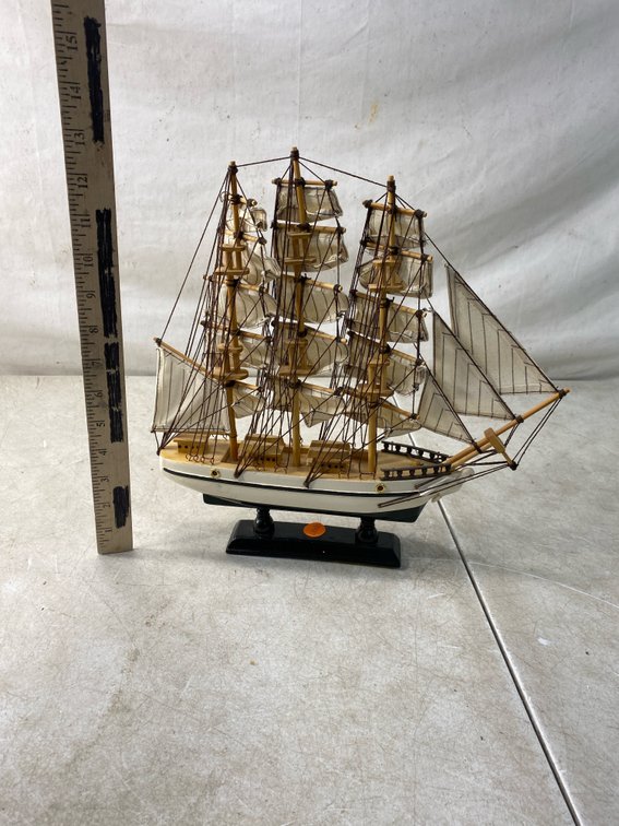 Wooden Three-Masted Model Sailing Ship on Stand