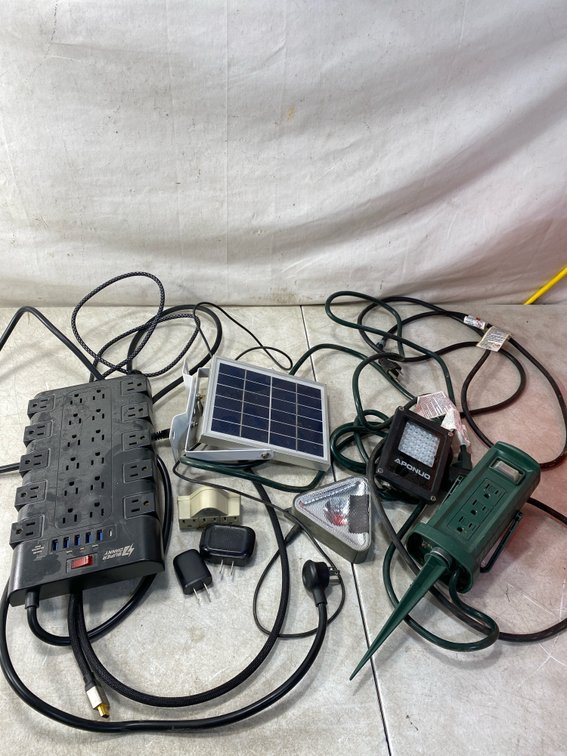 Power Strip, Solar Panel, and LED Work Light and Outdroor Power Stake
