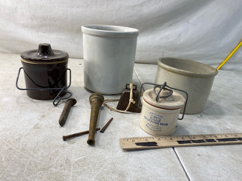 Stoneware Crocks, Cowbell, and Metal Hardware